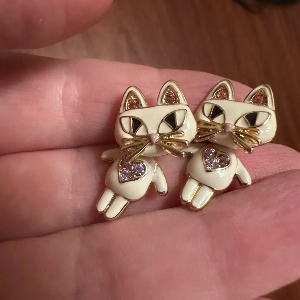 Betsey Johnson Gold-Tone White Enamel Pink Rhinestones Mixed Metal Cat Earrings - Picture 3 of 6